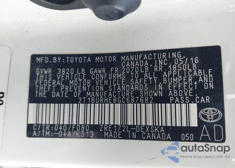 2016 Toyota Corolla S из США, поврежденный, VIN 2T1BURHE8GC687682